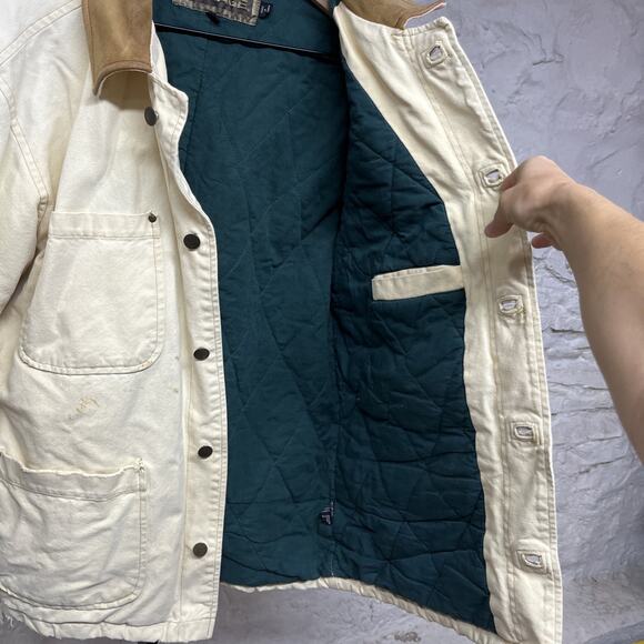 Mirage Vtg 90s Canvas Chore Coat Quilted Lined Faded Distressed Leather Collar - Picture 8 of 10